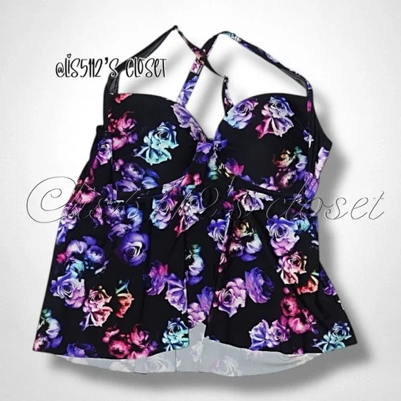 Torrid Midnight Roses Wireless Babydoll Tankini Top & Black Bottoms Swim SET 3X